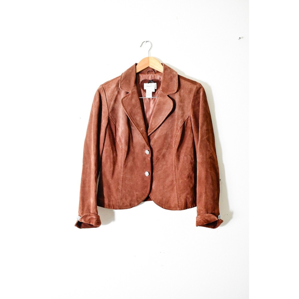 Live‎ a Little Suede Leather Blazer Womens Medium Brown Y2K Rhinestone Buttons